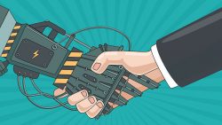 54366403 – vintage illustration with robot and human hands. comics style alternate text for this image
