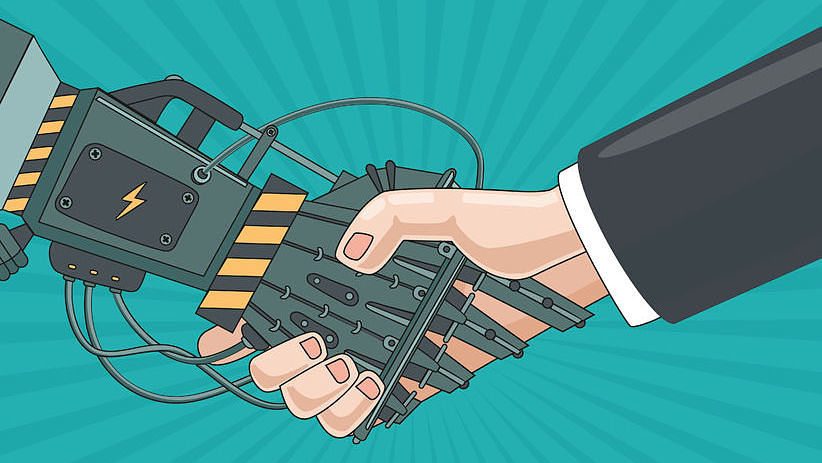 54366403 – vintage illustration with robot and human hands. comics style alternate text for this image