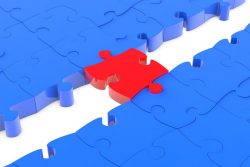 15967313 – jigsaw puzzle piece as connection bridge between blue parts alternate text for this image