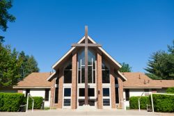 10755162 – facade of a modern church, shot with a wide angle lens. alternate text for this image