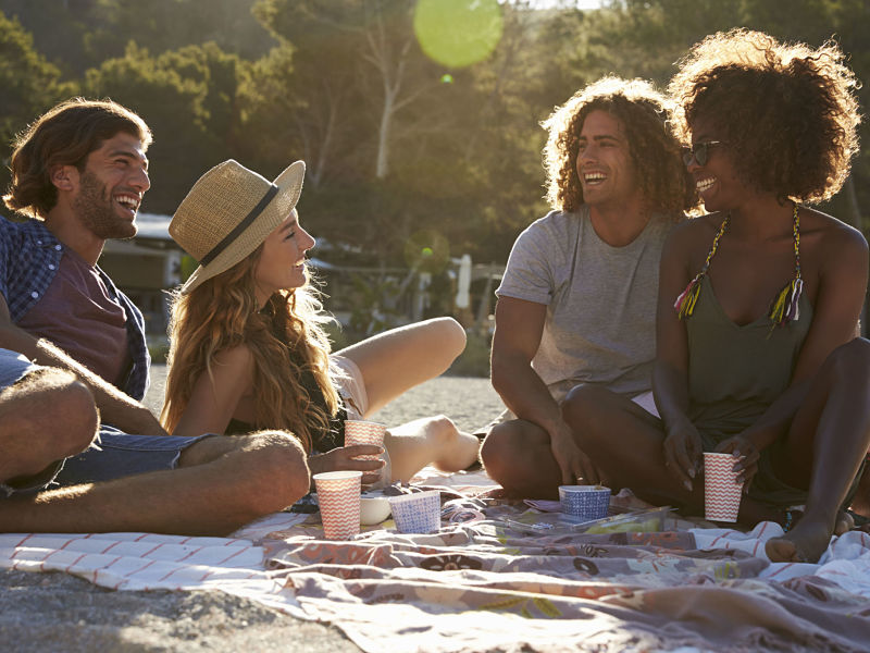71304751 – two couples having a picnic on the beach, backlit, close up alternate text for this image