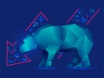 Concept of bearish in stock market exchange, graphic of low poly bear with decreasing graph