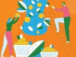 Two people harvesting money from a tree