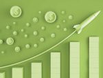Illustration of rocket followed by coins on top of a chart of increasing earnings