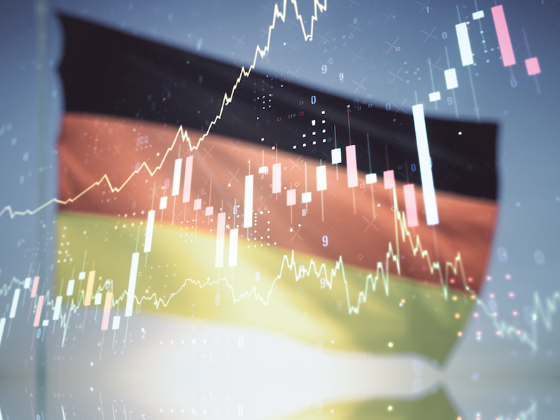 Double exposure of abstract creative financial chart hologram on German flag and blue sky background, research and strategy concept alternate text for this image