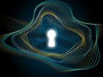 Glowing keyhole surrounded by yellow and green dots.